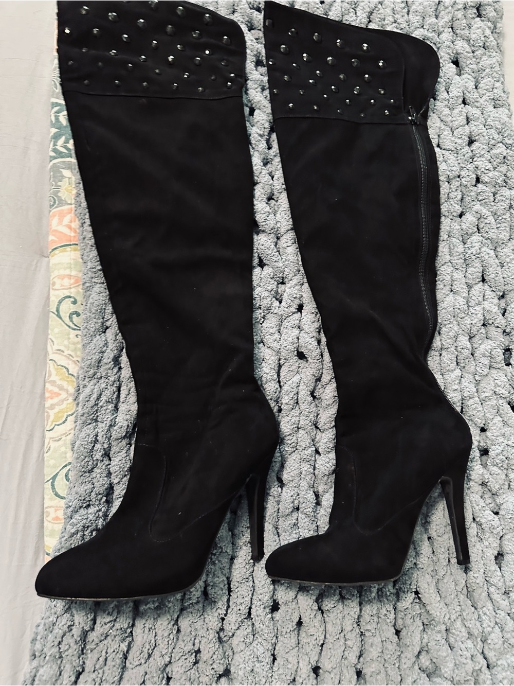 Black Studded Suede Knee-High high heel Boots